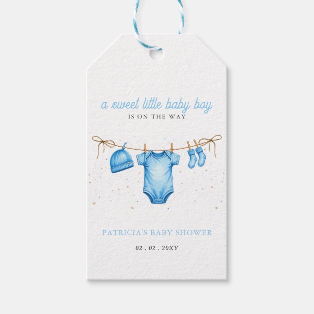 Budget Wäscheleine Blau Junge Baby Shower Einladun Geschenkanhänger (Vorderseite)