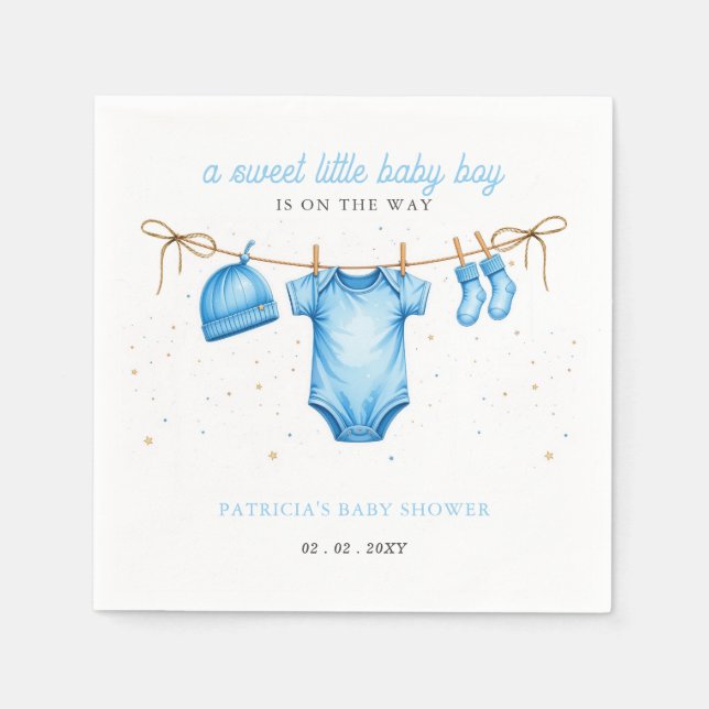 Budget Wäscheleine Blau Junge Baby Shower Einladun Serviette (Vorderseite)
