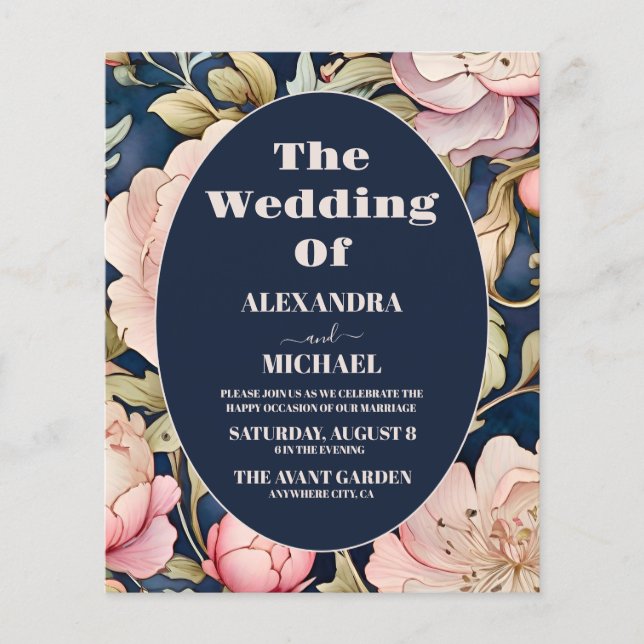 Budget Wasserfarbe Rosa Peony Art Nouveau Hochzeit (Vorderseite)