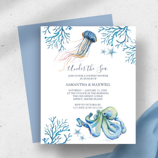 Budget Wasserfarben Babydusche unter dem Thema Mee (baby boy shower invitations watercolor under the sea watercolor octopus starfish corals DoTellABelle)