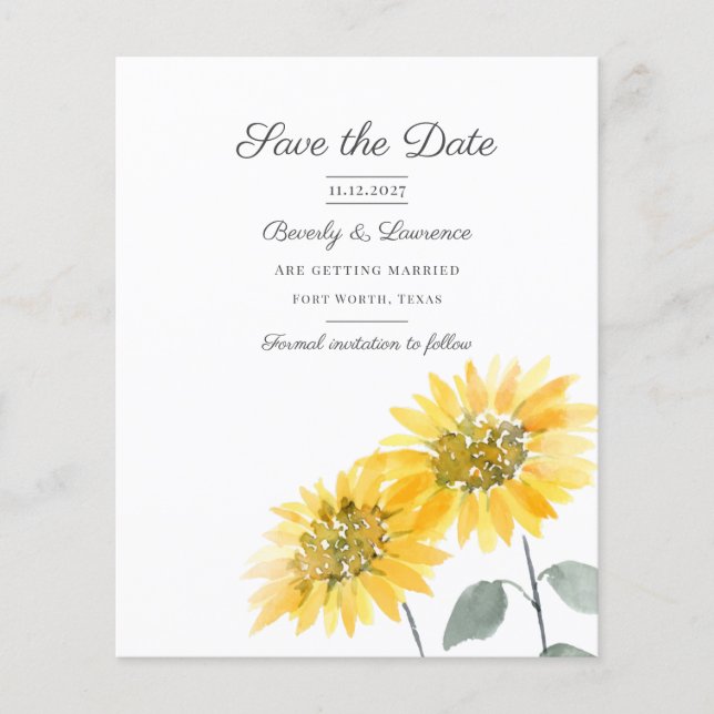 Budget Wasserfarben Sonnenblumen Save the Date (Vorderseite)