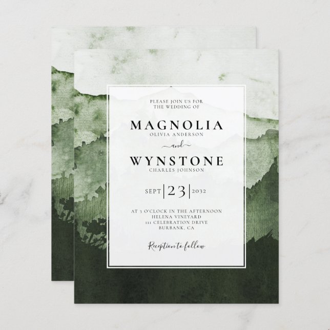 Budget Wasserfarbengebirge Hochzeitseinladung (Vorne/Hinten)