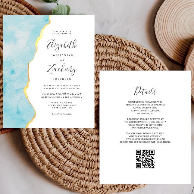 Budget Watercolor Aqua Blue Agate QR Code Wedding (Von Creator hochgeladen)