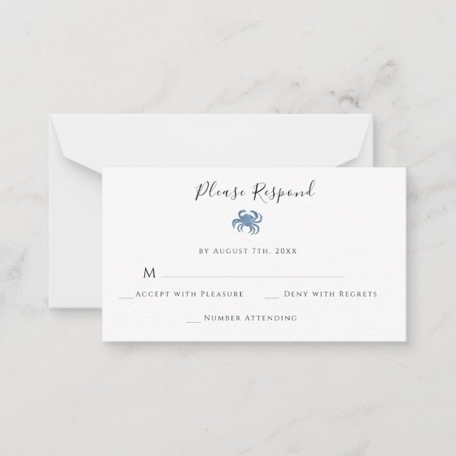 Budget Watercolor Blue Crab Wedding RSVP Cards Mitteilungskarte (Vorderseite)