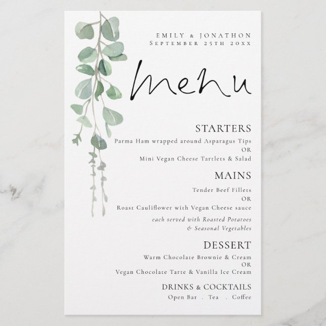 Budget Watercolor Eukalyptus Wedding Menu (Vorderseite)