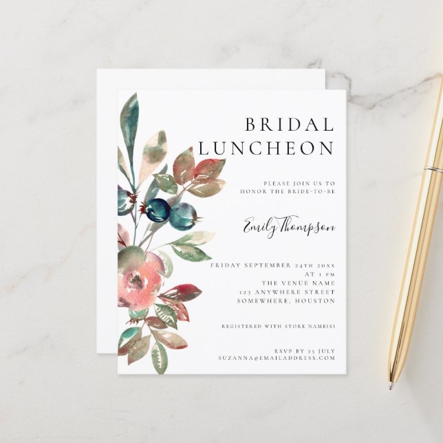 Budget Watercolor Florals Bridal Luncheon Einladun (Vorderseite/Rückseite Beispiel)
