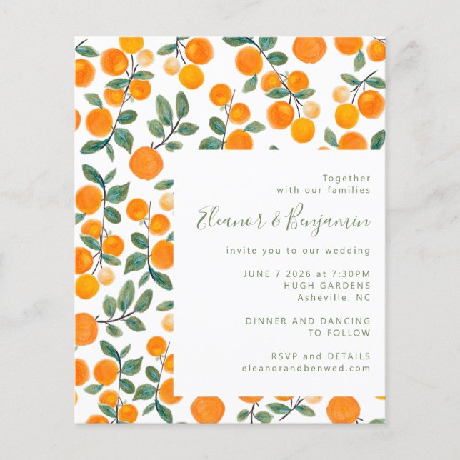 Budget Watercolor Orange Fruit Script Hochzeit (Vorderseite)