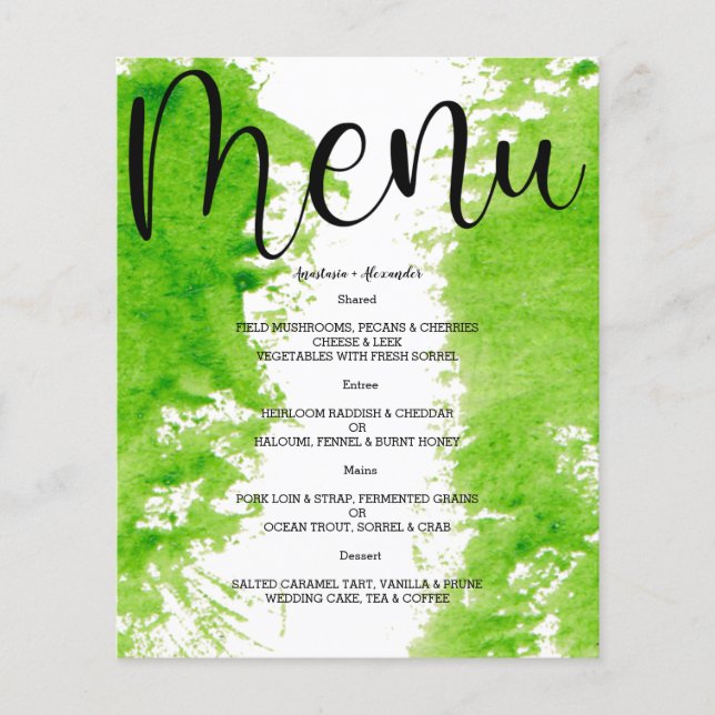 Budget Watercolor WEDDING MENU. Flyer (Vorne)