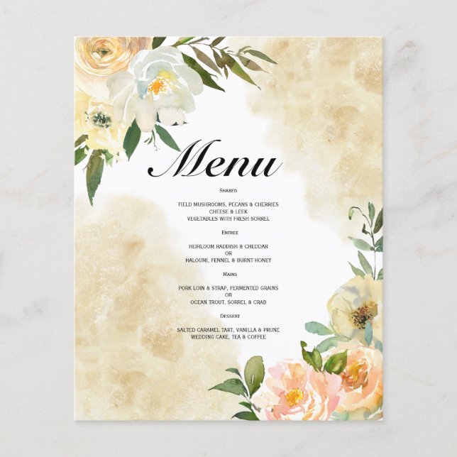 Budget Watercolor WEDDING MENU. Flyer (Vorne)