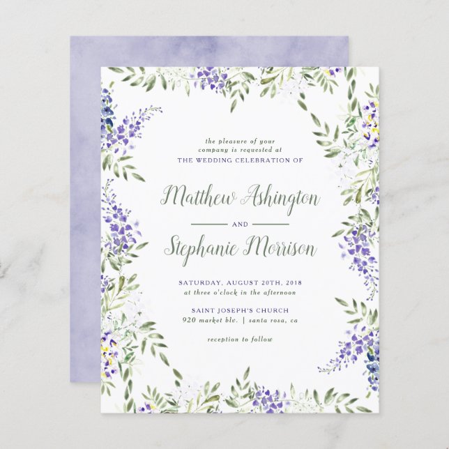 Budget Watercolor Wisteria Wedding Einladung (Vorne/Hinten)