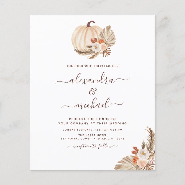 Budget Wedding Boho Pampas Grass White Pumpkin Flyer (Vorne)