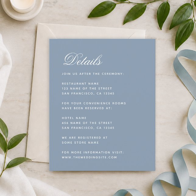 Budget Wedding Details Card Dusty Blue Calligraphy (Von Creator hochgeladen)