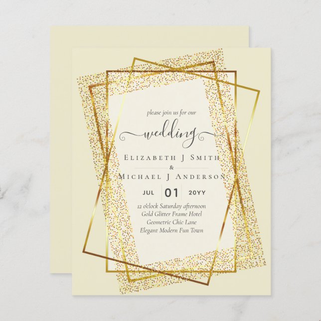 BUDGET WEDDING EINLADUNGEN Gold Glitter Geometric (Vorne/Hinten)