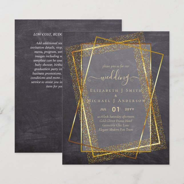 BUDGET WEDDING EINLADUNGEN Gold Glitter Geometric (Vorne/Hinten)