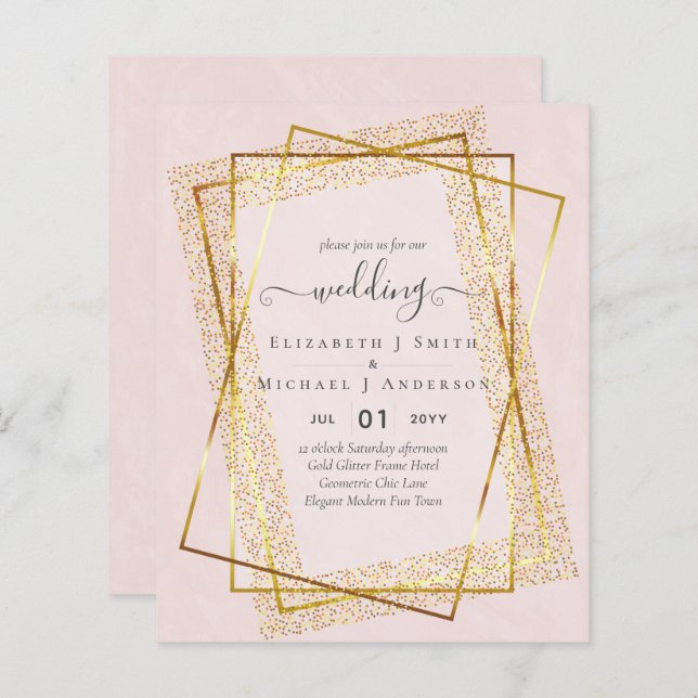 BUDGET WEDDING EINLADUNGEN Gold Glitter Geometric (Vorne/Hinten)