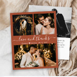 Budget Wedding Foto Terracotta Dankeschön Karte<br><div class="desc">Budget, Moderne, elegante Terracotta Hand Lettered Wedding 3 Foto Collage Danke personalisiert günstigen günstigen Low-Budget dünnen Karte. Minimalistische Hochzeit danke Karte Vorlage mit drei (3) Foto auf der Vorderseite und ein (1) Foto auf der Rückseite. Mit dem Text "Liebe und Dank" in einem Wirblen handgeschriebenen Typografie-Skript-Schriftart mit Swashes auf erdigen...</div>