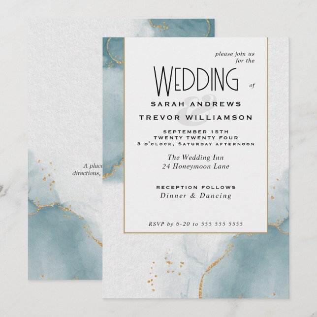 Budget Wedding Gold Dusty Blue Einladung (Vorne/Hinten)