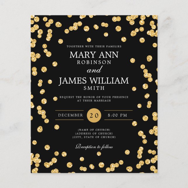 Budget Wedding Gold Glitzer Confetti Black Einladu Flyer (Vorne)