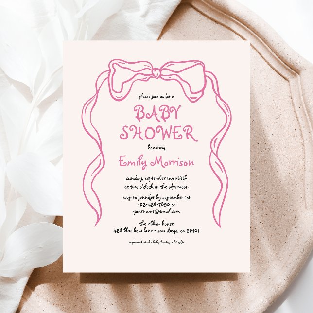 Budget Whimsical Quirky Blush Pink Bow Baby Dusche Flyer (Von Creator hochgeladen)