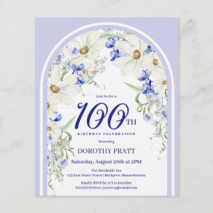 Budget White Blue Floral 100. Geburtstag Einladung