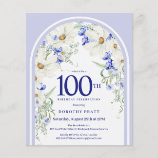 Budget White Blue Floral 100. Geburtstag Einladung