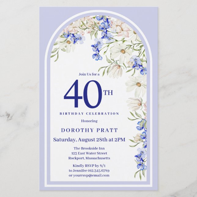 Budget White Blue Floral 40. Geburtstag Einladung (Vorderseite)