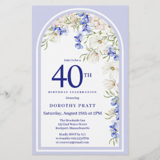 Budget White Blue Floral 40. Geburtstag Einladung