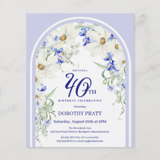 Budget White Blue Floral 40. Geburtstag Einladung