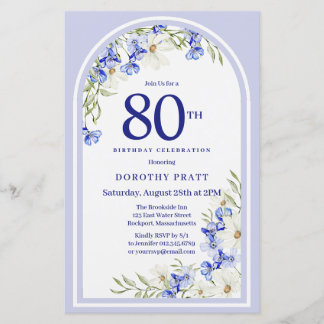Budget White Blue Floral 80. Geburtstag Einladung