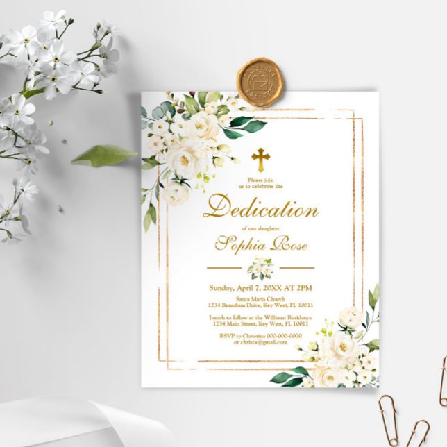 Budget White Blume & Gold Dedication Einladung (Von Creator hochgeladen)