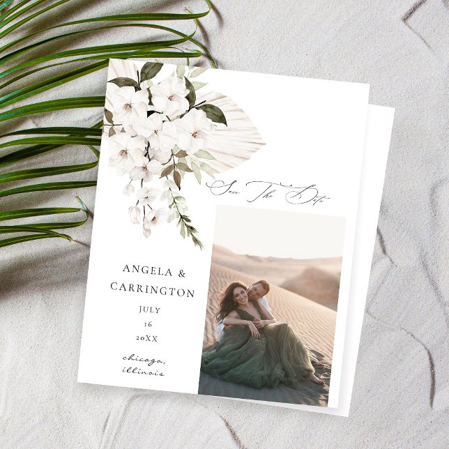Budget White Boho Floral Foto Save the Date (Von Creator hochgeladen)