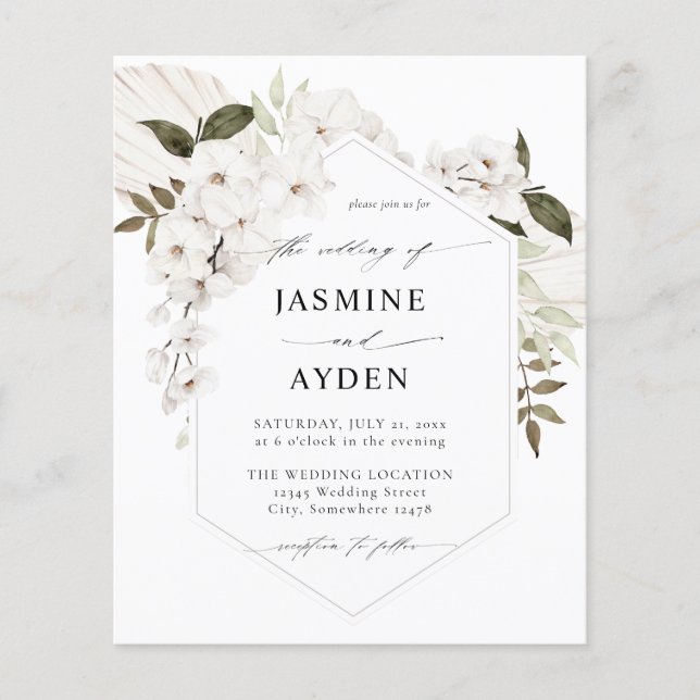 Budget White Boho Floral Wedding Flyer (Vorne)