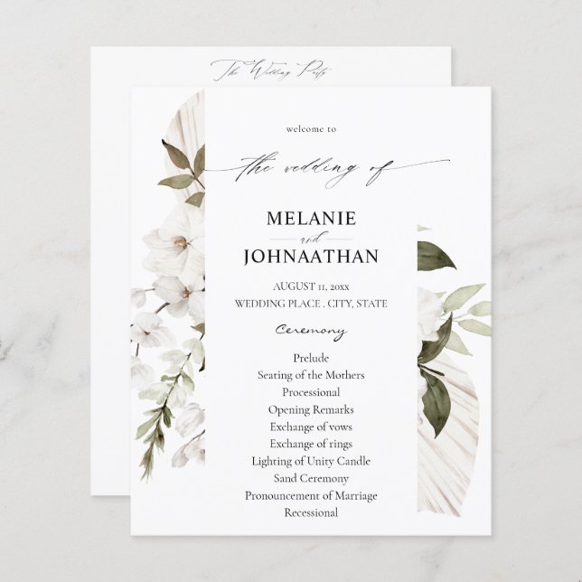 Budget White Boho Floral Wedding Program (Vorne/Hinten)