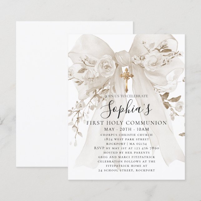 BUDGET White Bow Rose First Communion Invite (Vorne/Hinten)