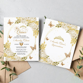 BUDGET White Floral Gold Butterfly Quinceañera