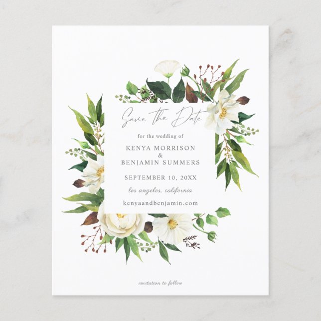 Budget White Floral & Greenery Save the Date Flyer (Vorne)