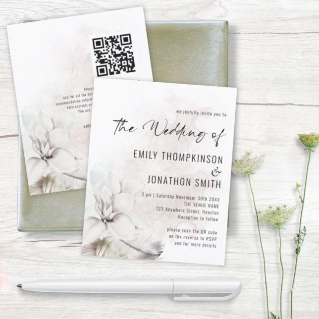 Budget White Floral Watercolor QR Hochzeit Einladu (Von Creator hochgeladen)
