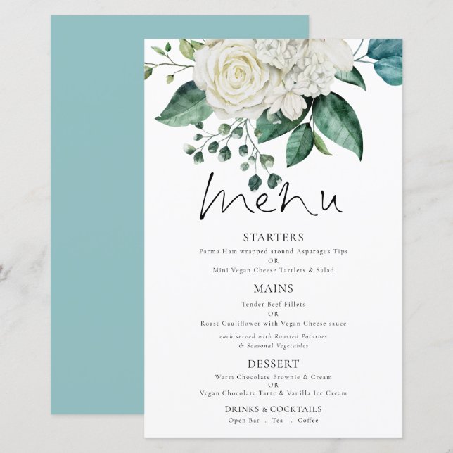 Budget White Florals Eucalyptus Wedding Menu (Vorne/Hinten)