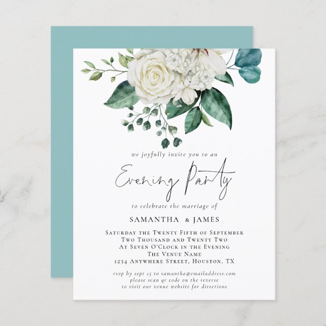 Budget White Florals QR Code Wedding Abend Party (Vorne/Hinten)