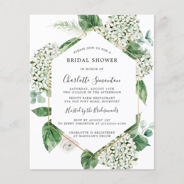 Budget White Hydrangea Bridal Dusche Einladung (Vorderseite)