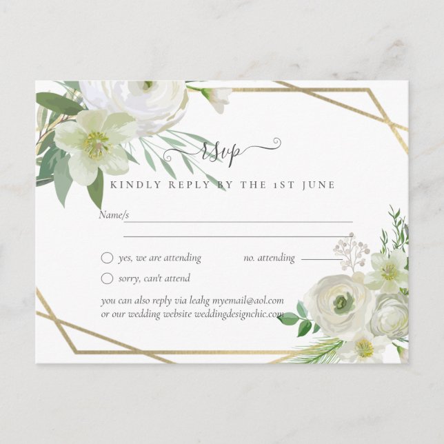 BUDGET White Rose Greenerity Gold Wedding Postkarte (Vorderseite)