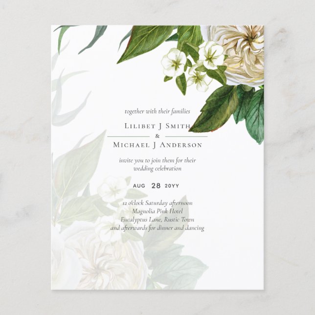 Budget White Roses Dusty Blue Wedding Flyer (Vorne)