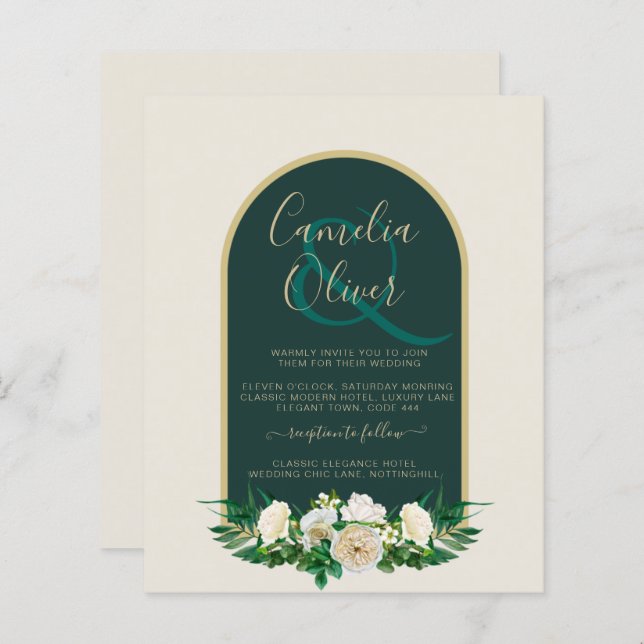 BUDGET White Roses Forest Green Winter Wedding INV (Vorne/Hinten)