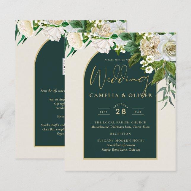BUDGET White Roses Forest Green Winter Wedding INV (Vorne/Hinten)