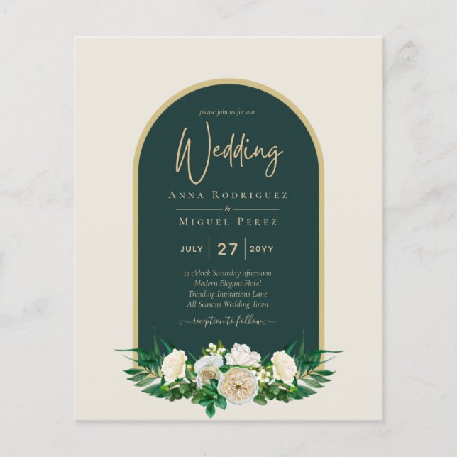BUDGET White Roses Forest Green Winter Wedding INV Flyer (Vorne)