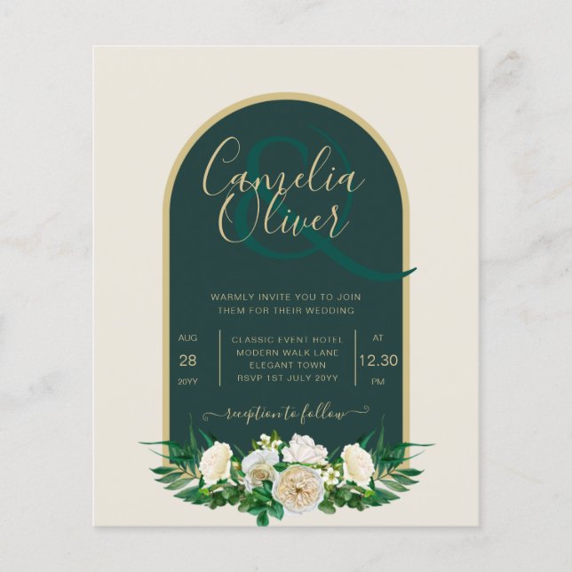 BUDGET White Roses Forest Green Winter Wedding INV Flyer (Vorne)