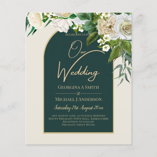 BUDGET White Roses Forest Green Winter Wedding INV Flyer (Vorne)