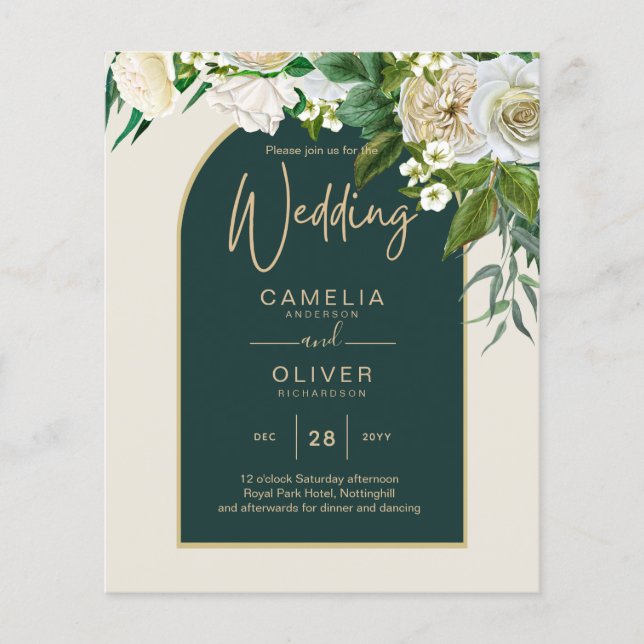 BUDGET White Roses Forest Green Winter Wedding INV Flyer (Vorne)
