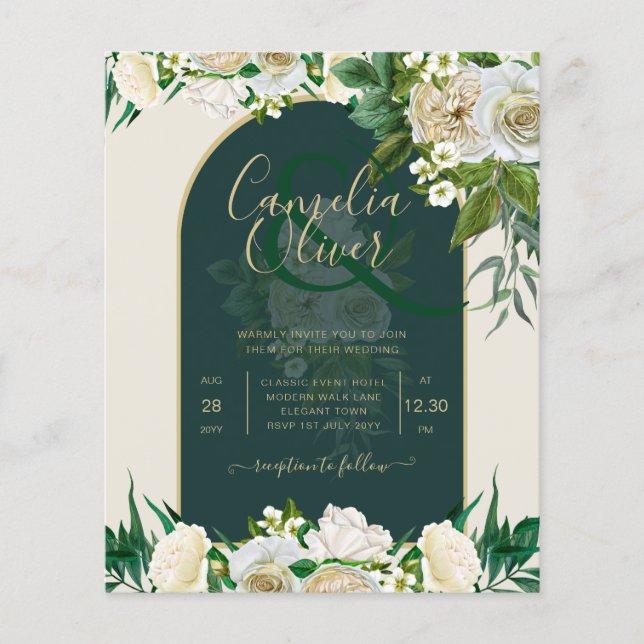 BUDGET White Roses Forest Green Winter Wedding INV Flyer (Vorne)