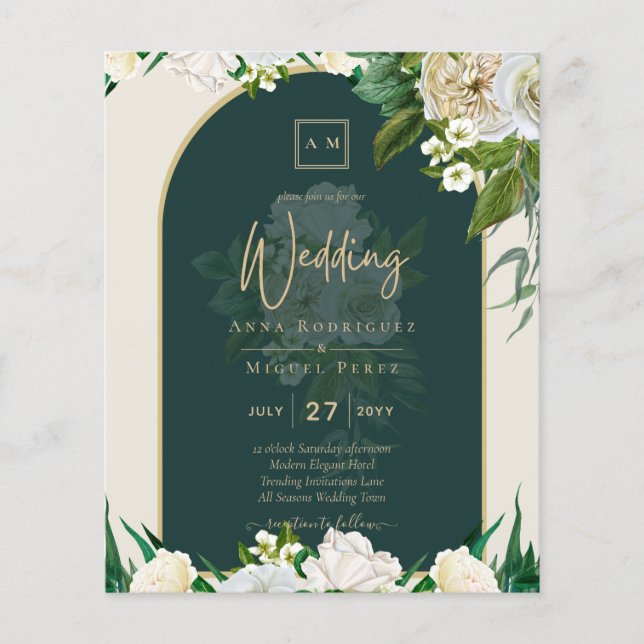 BUDGET White Roses Forest Green Winter Wedding INV Flyer (Vorne)